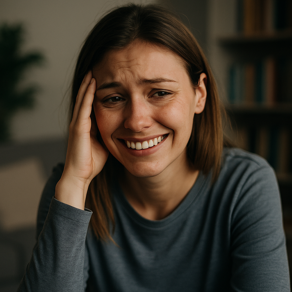Ragazza che sorride con occhi malinconici, simbolo di depressione nascosta e sindrome del sorriso.