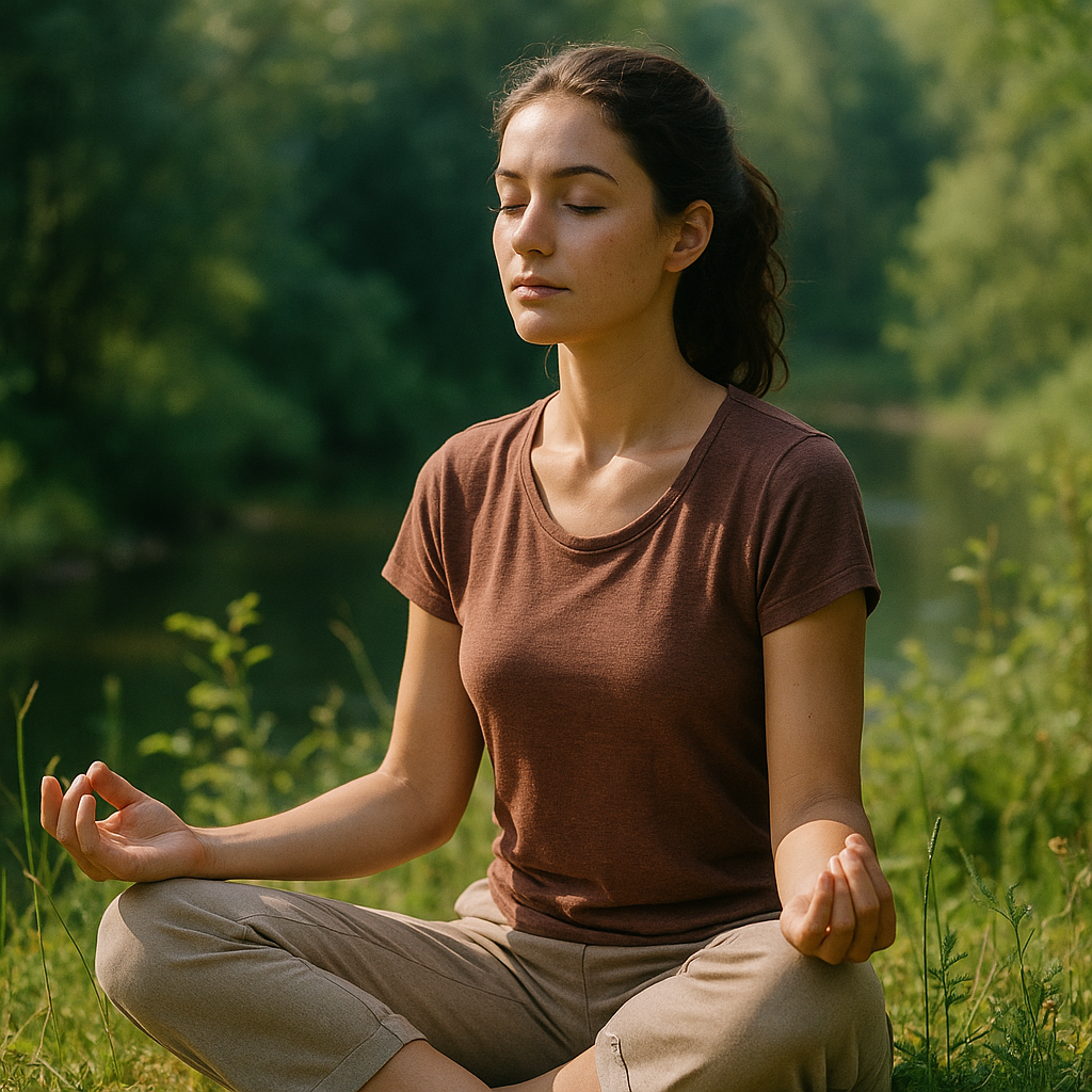 Donna in meditazione in un ambiente naturale, simbolo di benessere mentale nel 2025.